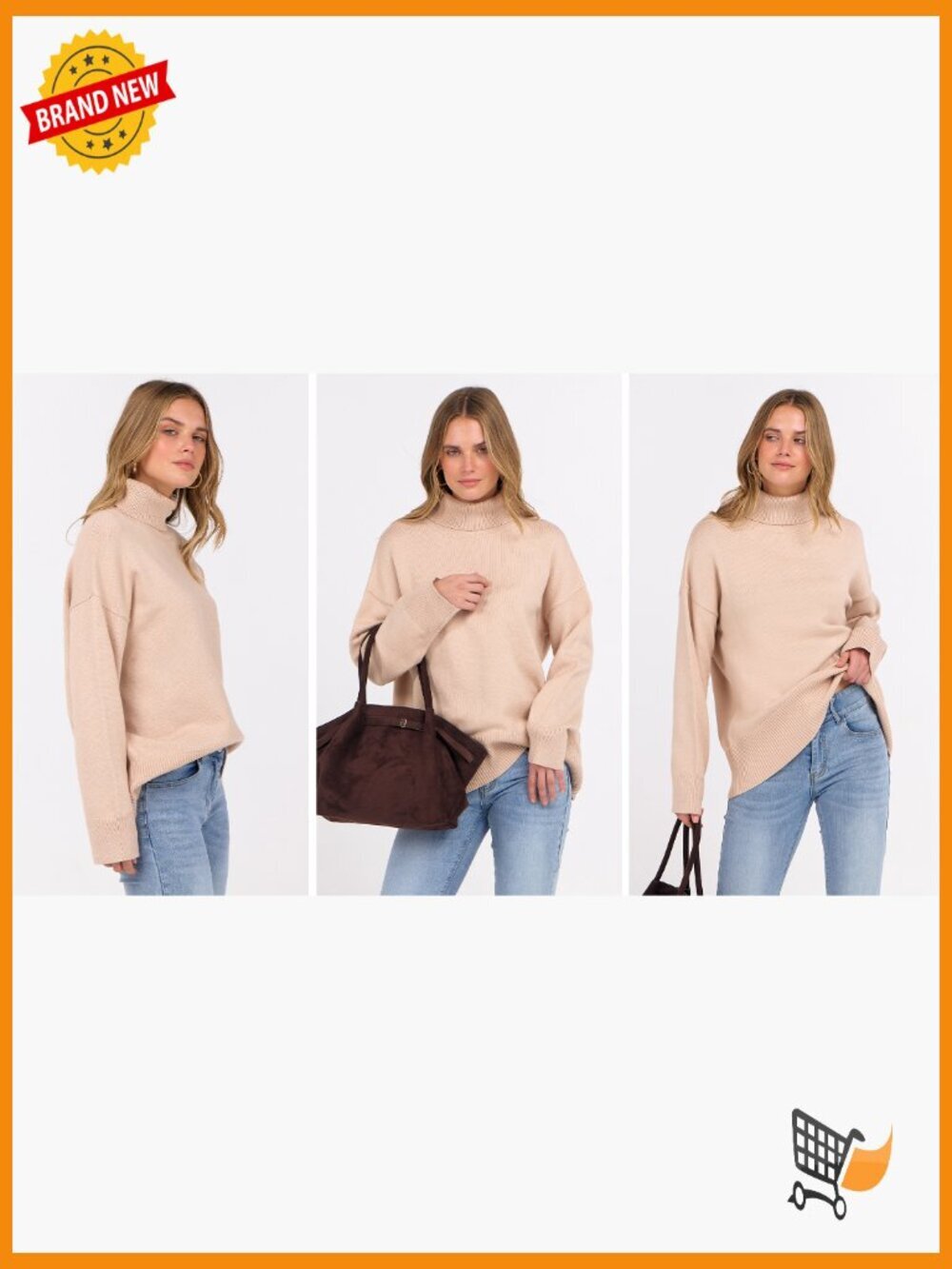 Oversized Chunky Knit Turtleneck Sweater Pullover Long Sleeve High Low Hem - Picture 7 of 7